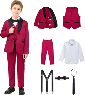 Boy Suits 7 Piece Set Slim Fit Formal Tuxedo Suit with Tuxedo Jacket Vest Pants for Kids Wedding Ring Bearer Party