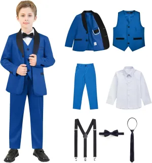 Boy Suits 7 Piece Set Slim Fit Formal Tuxedo Suit with Tuxedo Jacket Vest Pants for Kids Wedding Ring Bearer Party
