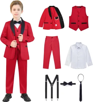 Boy Suits 7 Piece Set Slim Fit Formal Tuxedo Suit with Tuxedo Jacket Vest Pants for Kids Wedding Ring Bearer Party