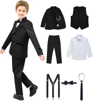 Boy Suits 7 Piece Set Slim Fit Formal Tuxedo Suit with Tuxedo Jacket Vest Pants for Kids Wedding Ring Bearer Party