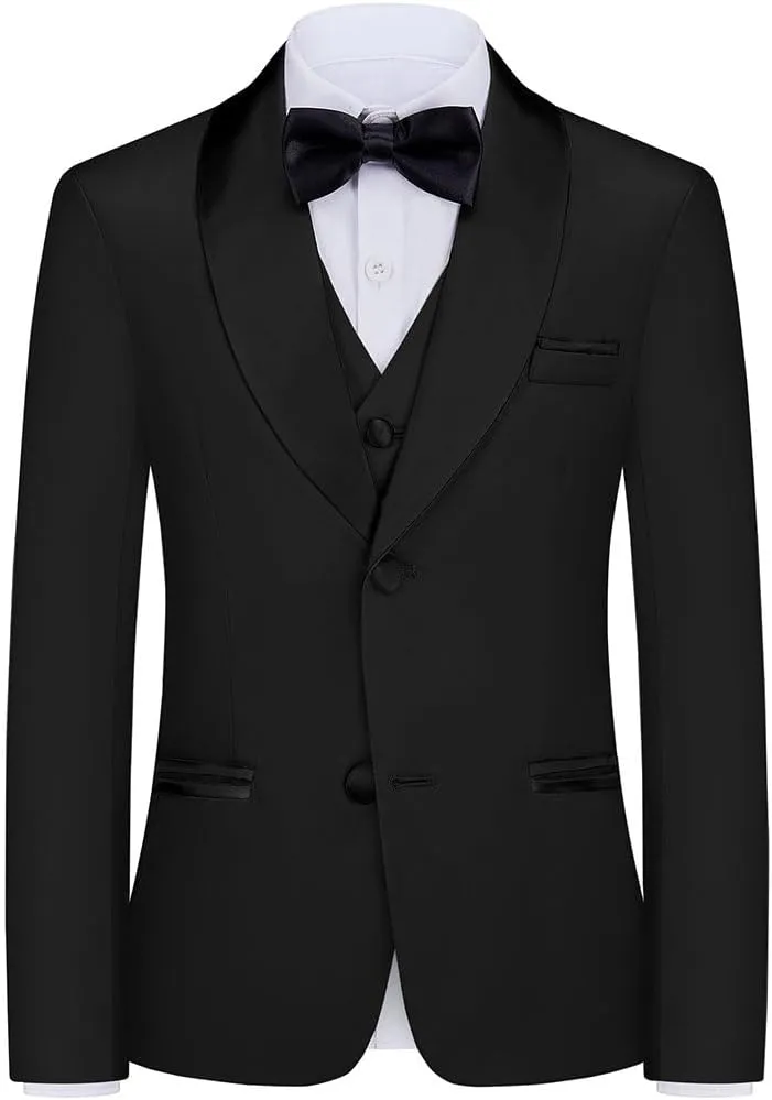 Boy Suits 7 Piece Set Slim Fit Formal Tuxedo Suit with Tuxedo Jacket Vest Pants for Kids Wedding Ring Bearer Party
