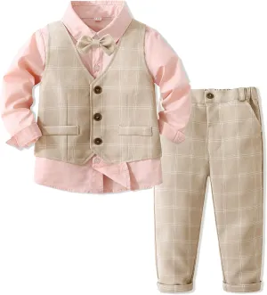 Boys 3Pcs Clothing Sets Cotton Long Sleeve Bowtie Shirts  Vest  Pants Casual Suit