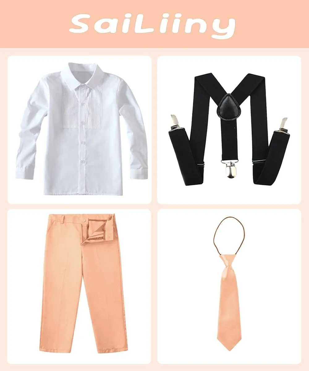 Boys 4 Pieces Suits with Suspender Kids Formal Wedding Pants Set for Teen Boys