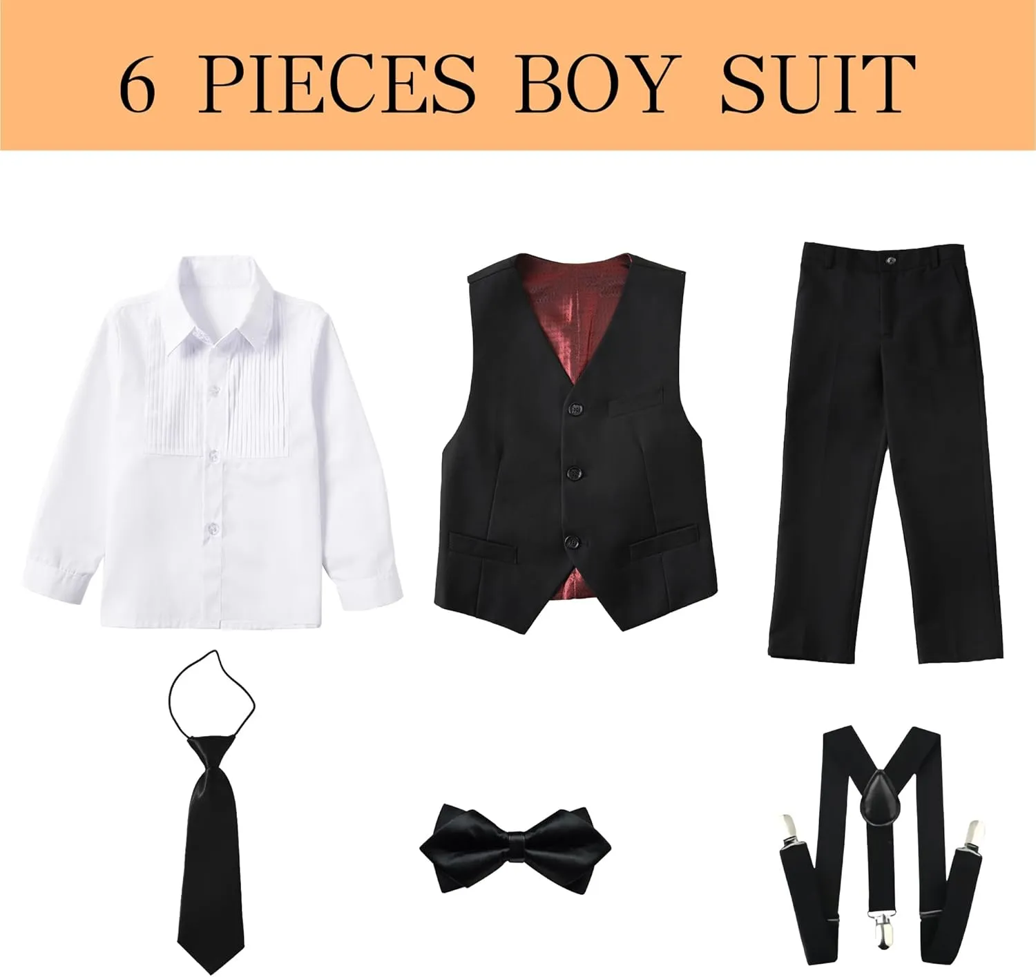 Boy's Formal Suit 7 Piece Slim Fit Tuxedo for Kids Teen Boys Jacket Vest and Pants Set for Wedding with Bow Tie Suspenders
