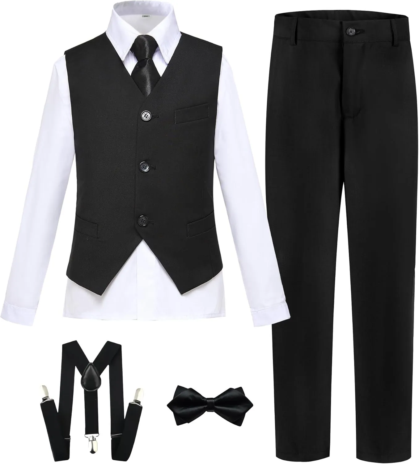 Boy's Formal Suit 7 Piece Slim Fit Tuxedo for Kids Teen Boys Jacket Vest and Pants Set for Wedding with Bow Tie Suspenders