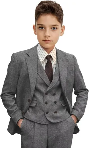 Boys Suit 3 Piece Herringbone Tweed Suits for Kids Slim Fit Formal Wedding Party Tuxedo Jacket Vest Pants Set