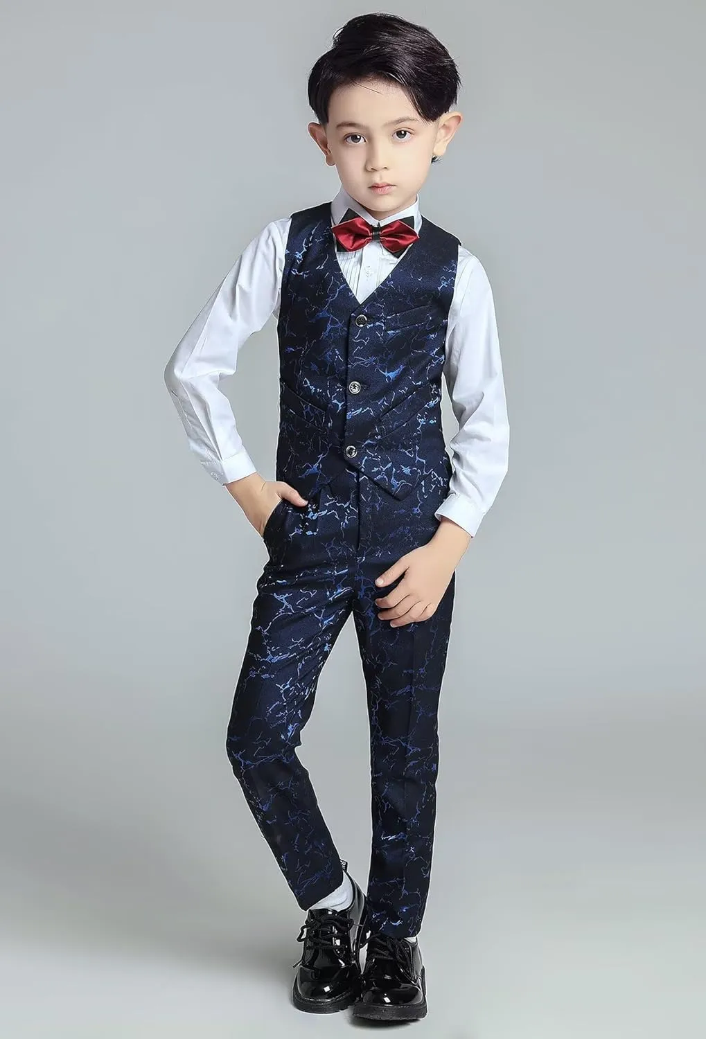 Boys Suit Floral Pattern 4 Piece Formal Suits for Boys Wedding Outfit Jacquard Suit Blazer Vest Pants Set with Bow Tie
