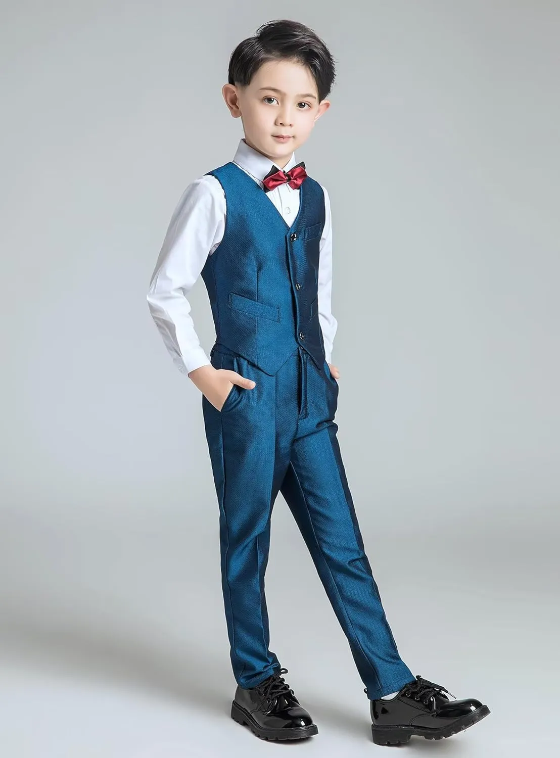Boys Suit Floral Pattern 4 Piece Formal Suits for Boys Wedding Outfit Jacquard Suit Blazer Vest Pants Set with Bow Tie