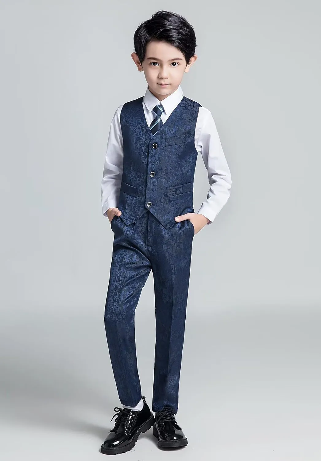 Boys Suit Floral Pattern 4 Piece Formal Suits for Boys Wedding Outfit Jacquard Suit Blazer Vest Pants Set with Bow Tie