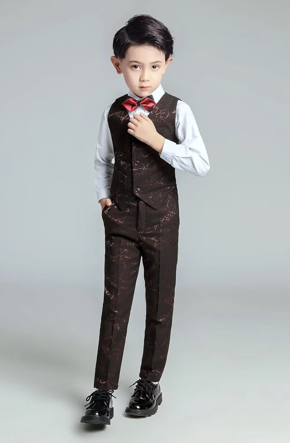 Boys Suit Floral Pattern 4 Piece Formal Suits for Boys Wedding Outfit Jacquard Suit Blazer Vest Pants Set with Bow Tie
