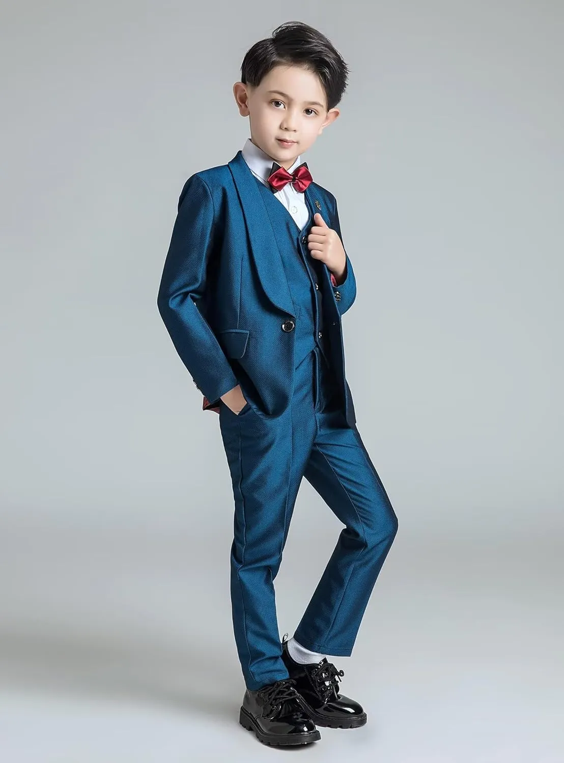 Boys Suit Floral Pattern 4 Piece Formal Suits for Boys Wedding Outfit Jacquard Suit Blazer Vest Pants Set with Bow Tie