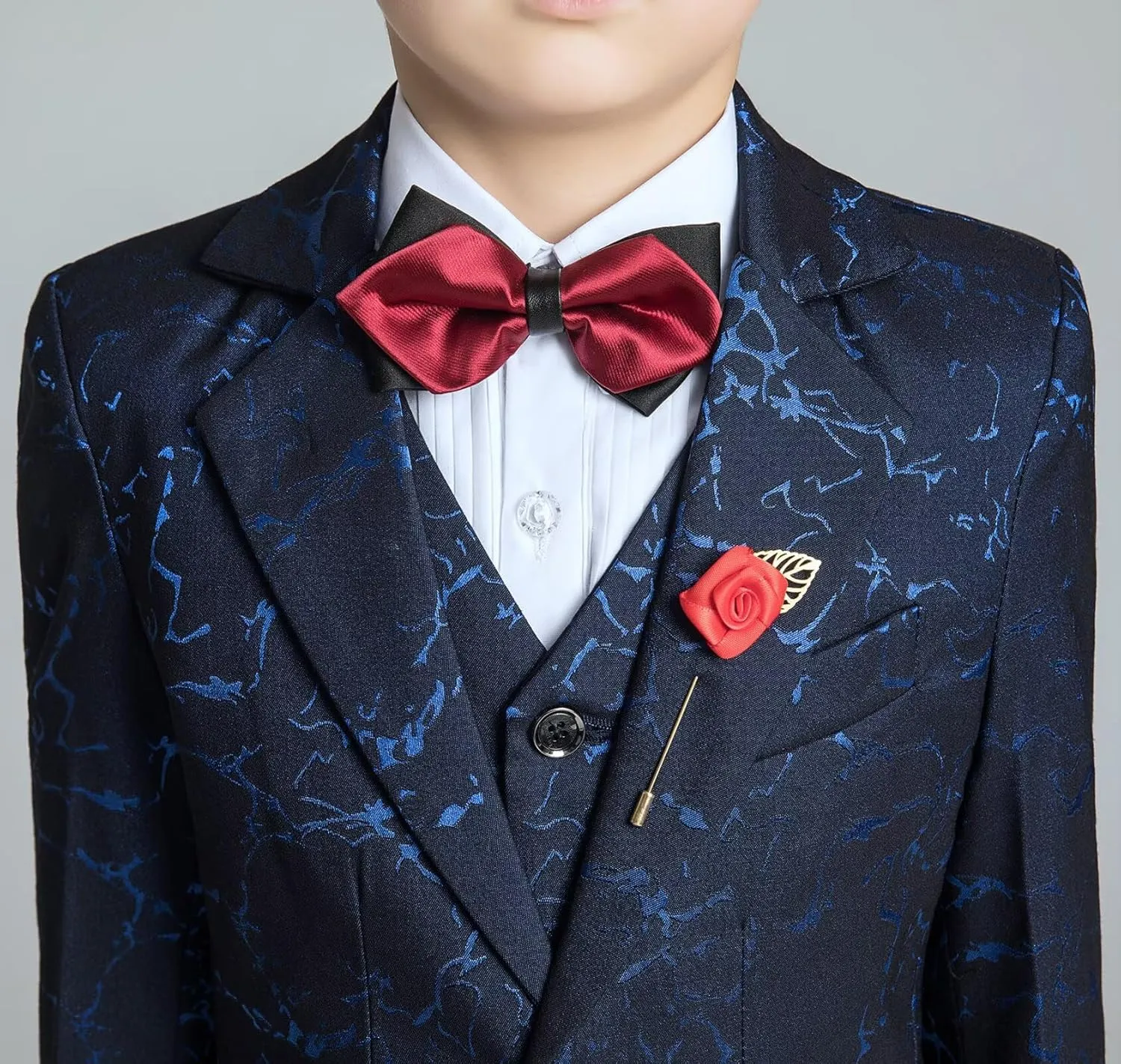 Boys Suit Floral Pattern 4 Piece Formal Suits for Boys Wedding Outfit Jacquard Suit Blazer Vest Pants Set with Bow Tie