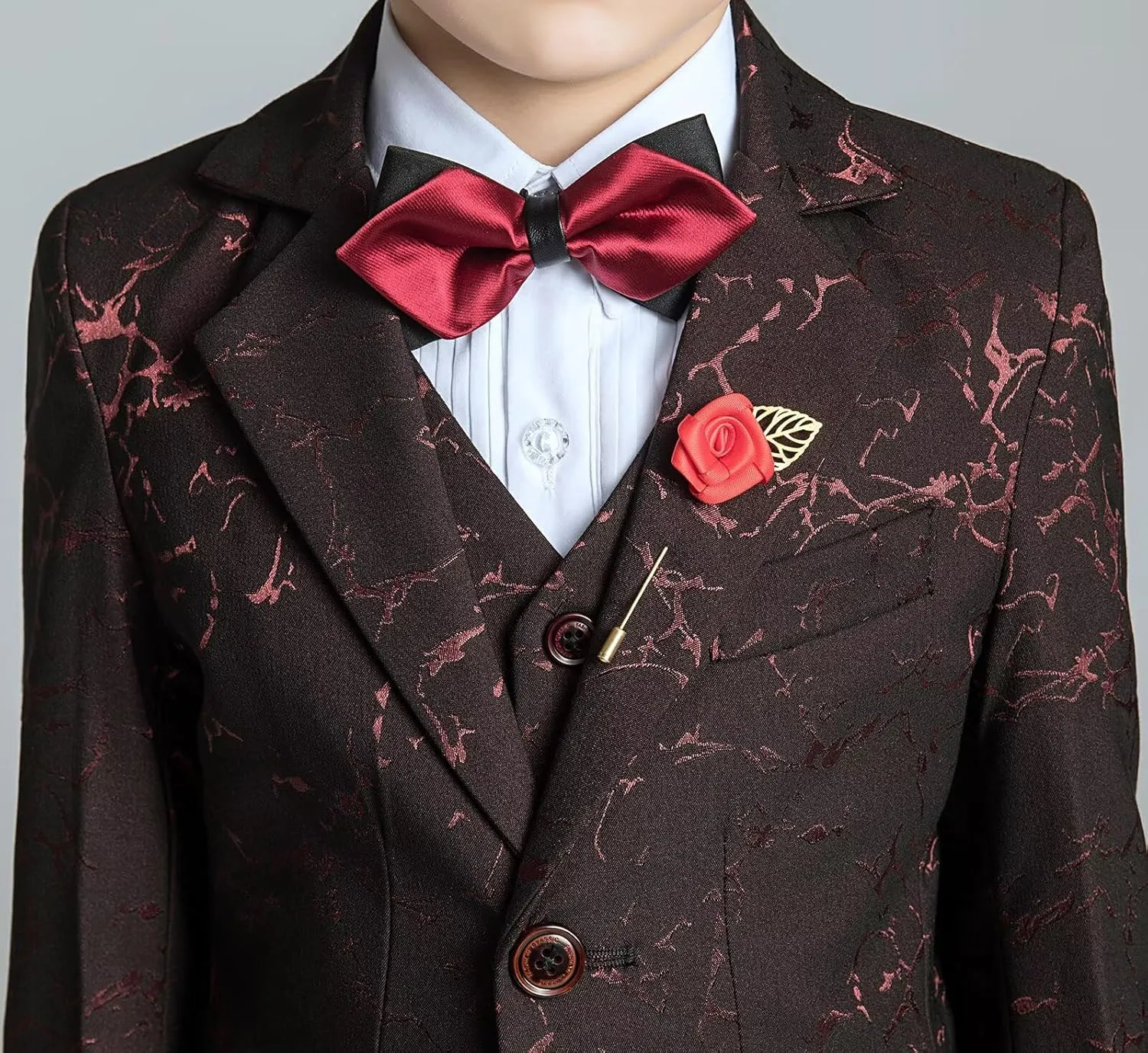 Boys Suit Floral Pattern 4 Piece Formal Suits for Boys Wedding Outfit Jacquard Suit Blazer Vest Pants Set with Bow Tie