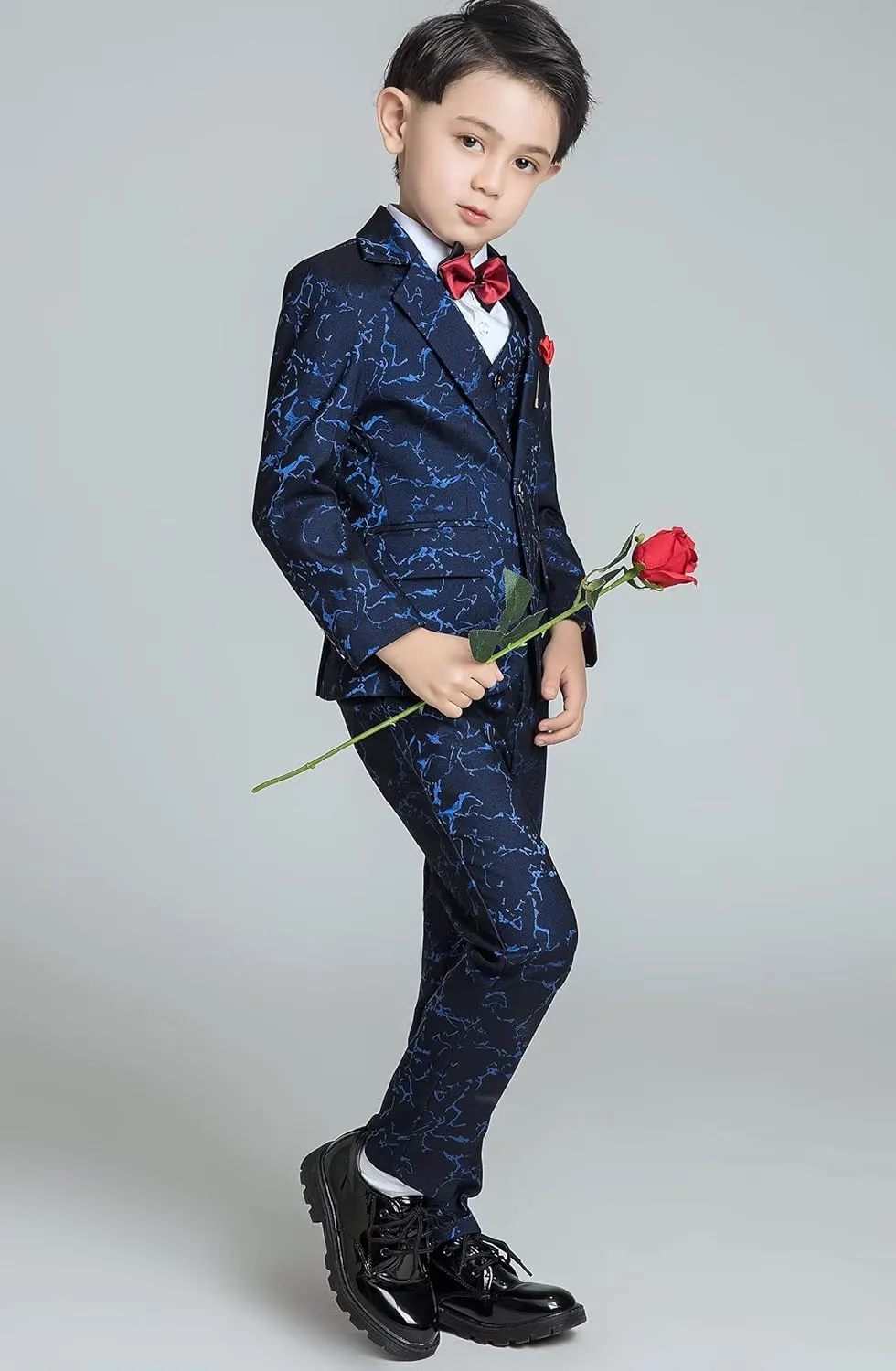 Boys Suit Floral Pattern 4 Piece Formal Suits for Boys Wedding Outfit Jacquard Suit Blazer Vest Pants Set with Bow Tie
