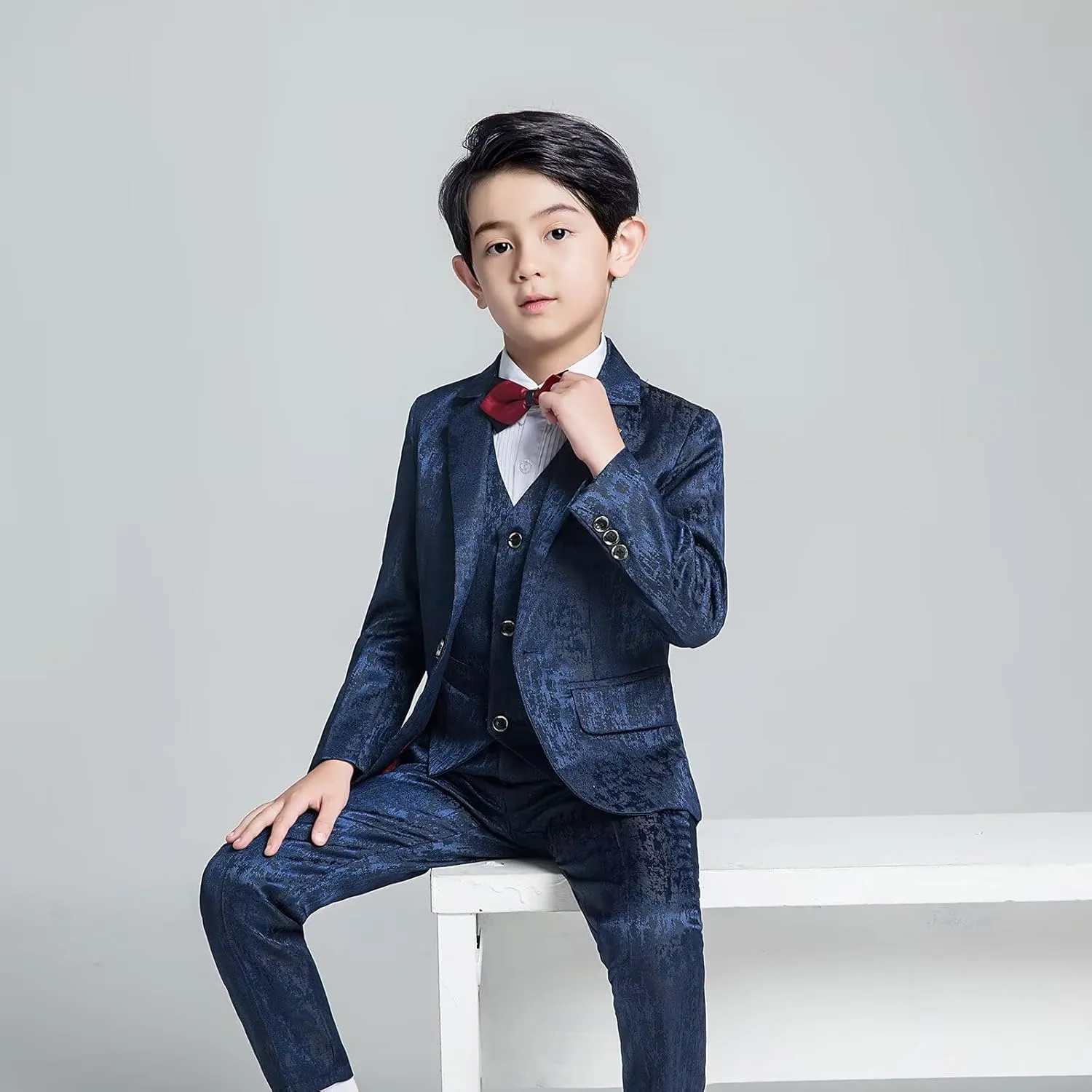 Boys Suit Floral Pattern 4 Piece Formal Suits for Boys Wedding Outfit Jacquard Suit Blazer Vest Pants Set with Bow Tie