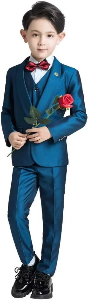 Boys Suit Floral Pattern 4 Piece Formal Suits for Boys Wedding Outfit Jacquard Suit Blazer Vest Pants Set with Bow Tie