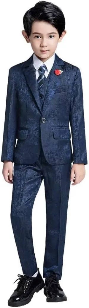 Boys Suit Floral Pattern 4 Piece Formal Suits for Boys Wedding Outfit Jacquard Suit Blazer Vest Pants Set with Bow Tie