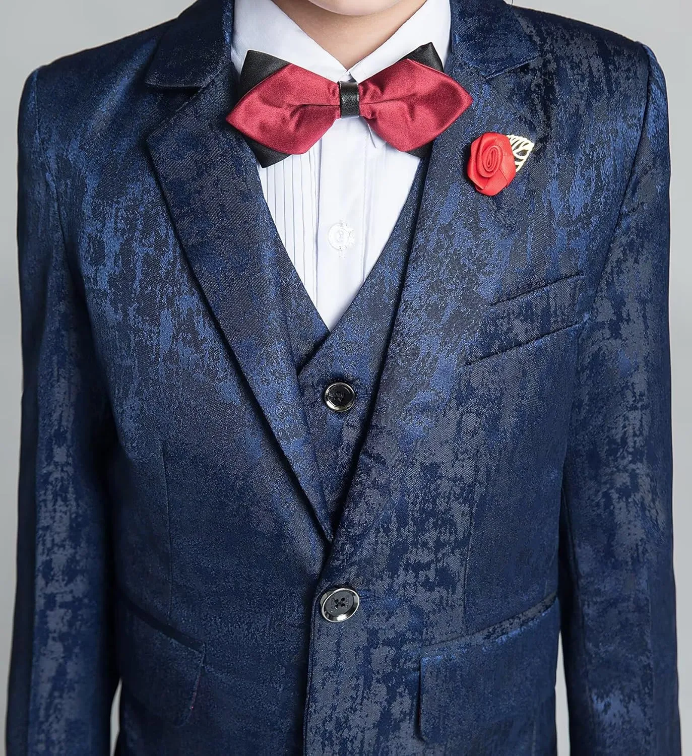 Boys Suit Floral Pattern 4 Piece Formal Suits for Boys Wedding Outfit Jacquard Suit Blazer Vest Pants Set with Bow Tie