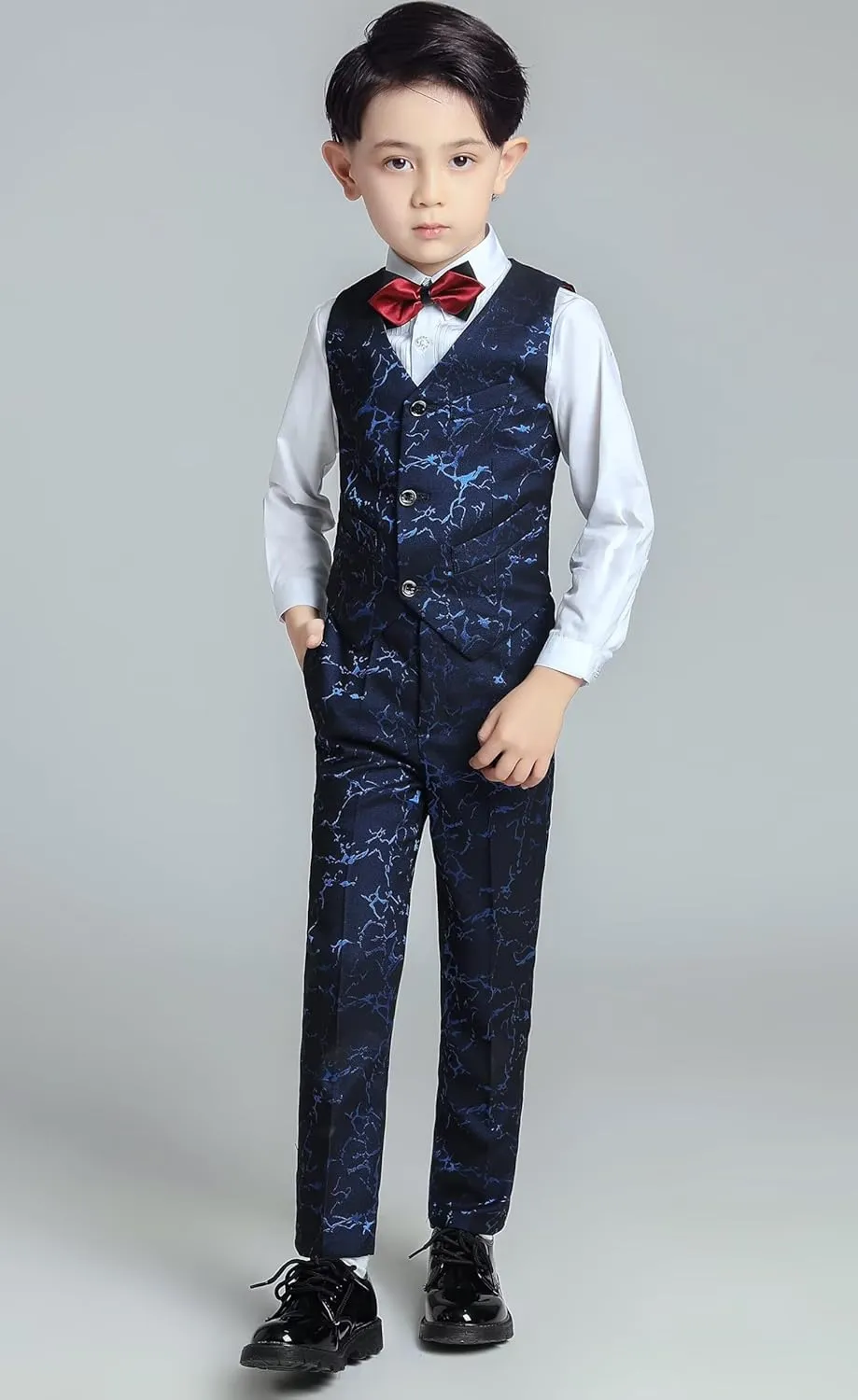 Boys Suit Floral Pattern 4 Piece Formal Suits for Boys Wedding Outfit Jacquard Suit Blazer Vest Pants Set with Bow Tie