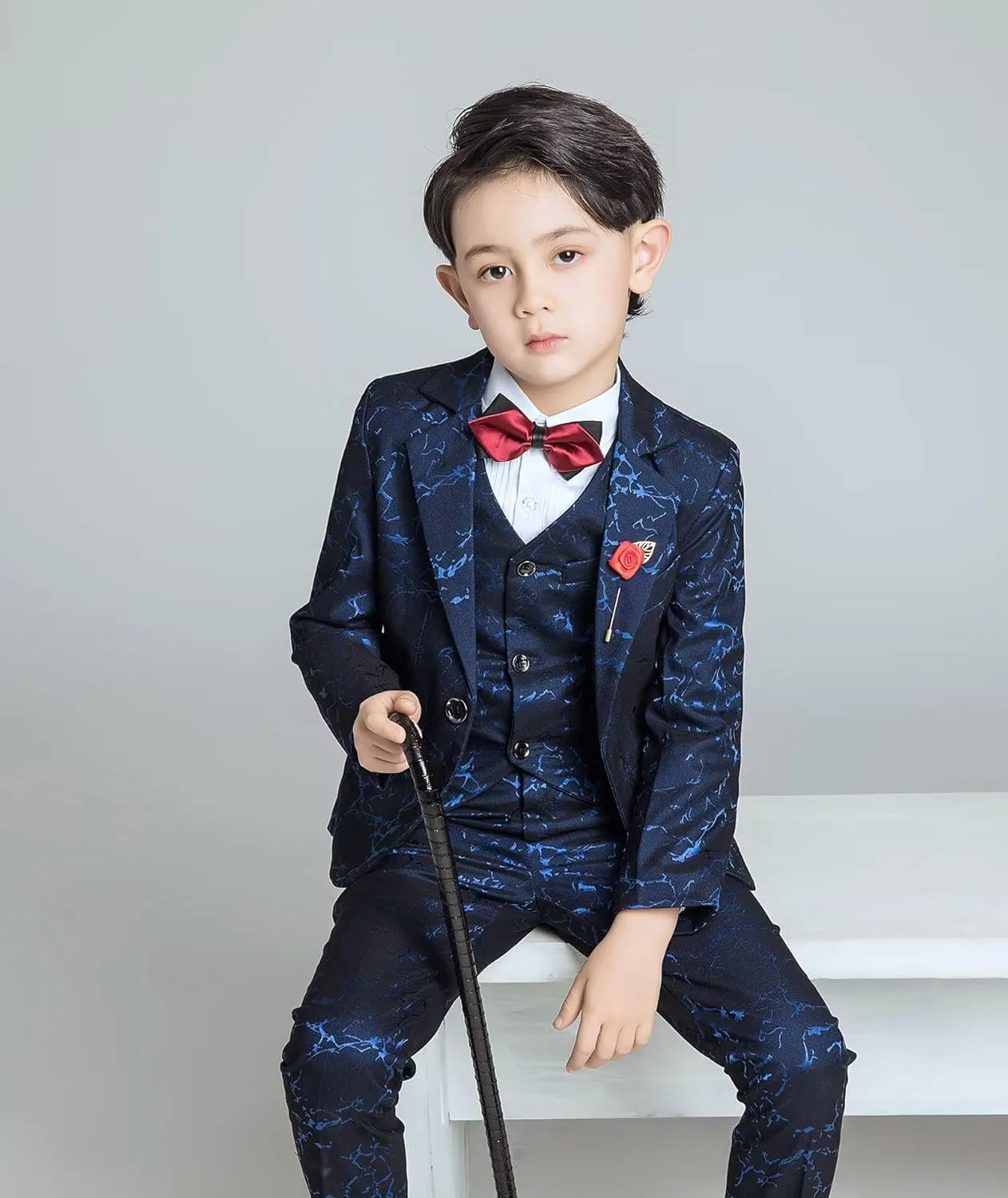Boys Suit Floral Pattern 4 Piece Formal Suits for Boys Wedding Outfit Jacquard Suit Blazer Vest Pants Set with Bow Tie