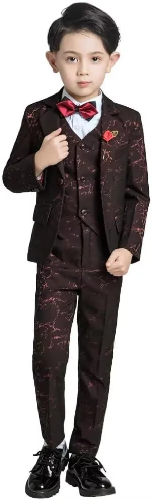 Boys Suit Floral Pattern 4 Piece Formal Suits for Boys Wedding Outfit Jacquard Suit Blazer Vest Pants Set with Bow Tie
