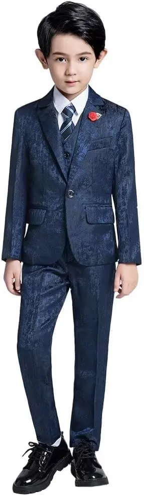 Boys Suit Floral Pattern 4 Piece Formal Suits for Boys Wedding Outfit Jacquard Suit Blazer Vest Pants Set with Bow Tie