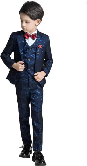 Boys Suit Floral Pattern 4 Piece Formal Suits for Boys Wedding Outfit Jacquard Suit Blazer Vest Pants Set with Bow Tie