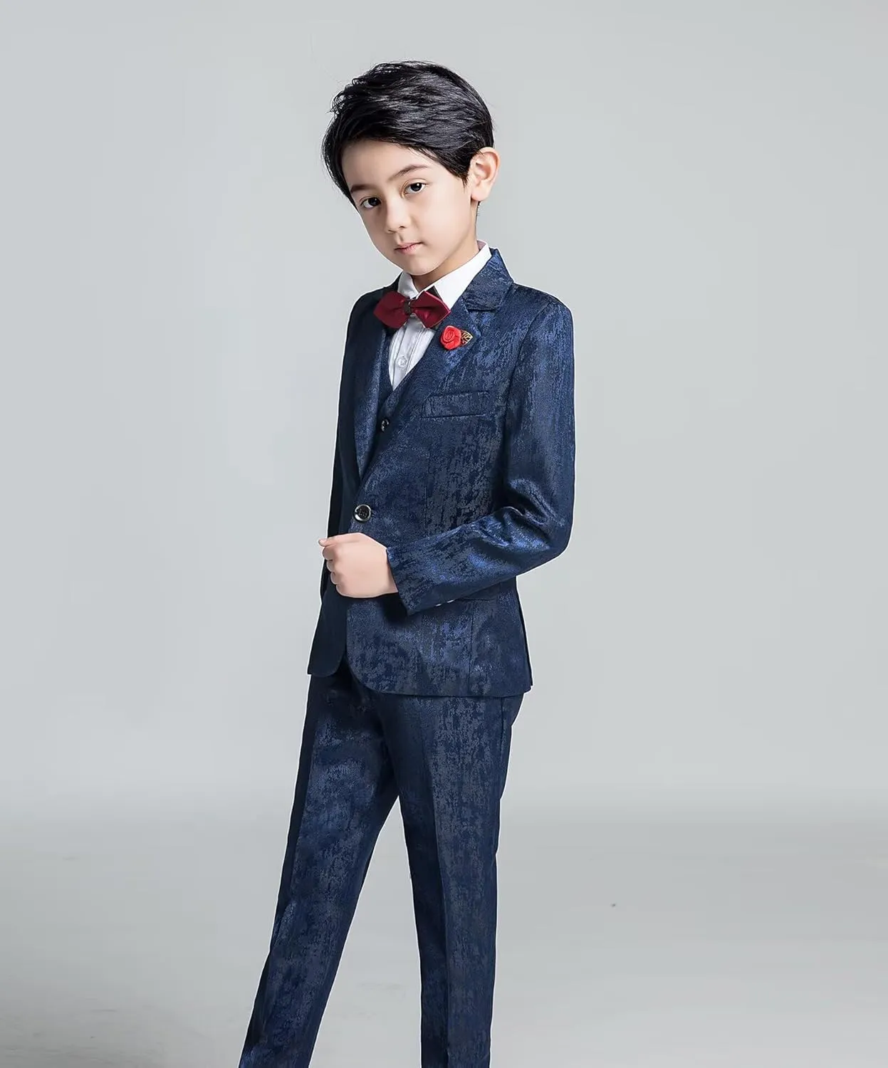 Boys Suit Floral Pattern 4 Piece Formal Suits for Boys Wedding Outfit Jacquard Suit Blazer Vest Pants Set with Bow Tie