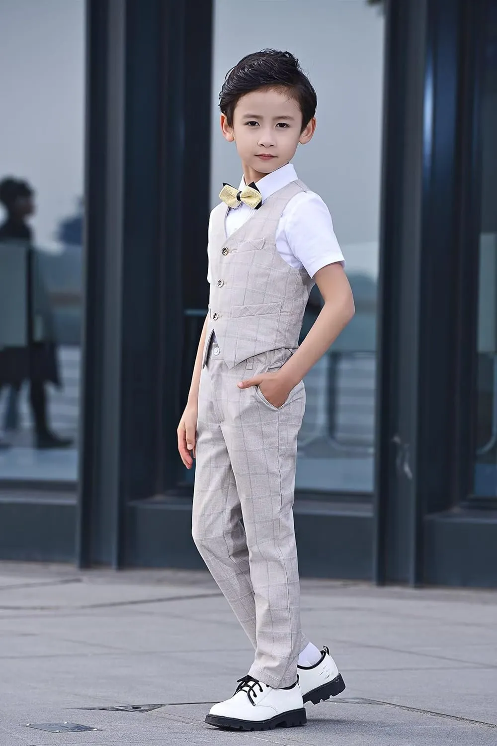 Boys Suit Plaid Stripes Suits for Boys 4 Piece Formal Wedding Outfit Slim Fit Suit Vest Pants Shirt Set with Bow Tie