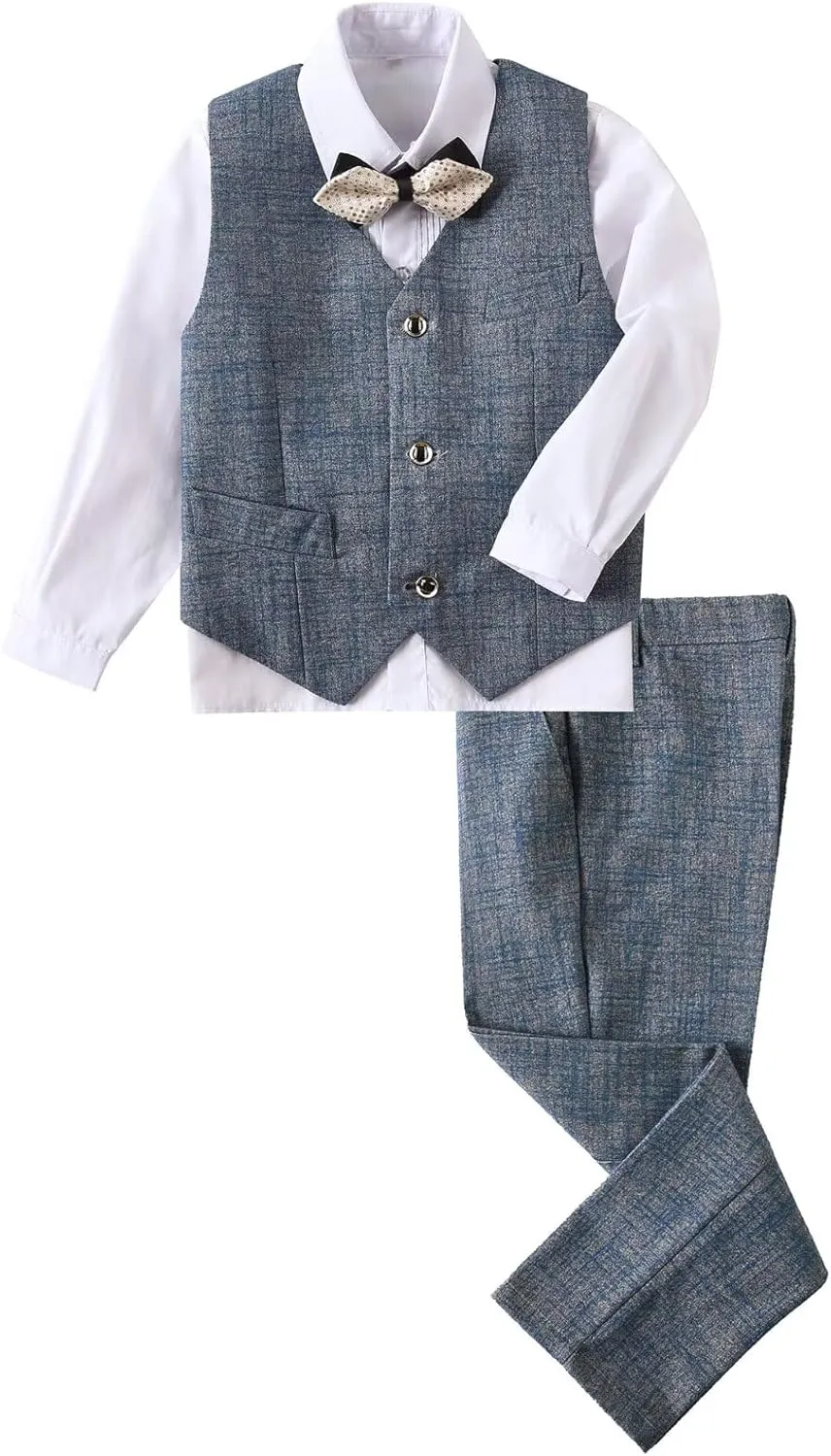 Boys Suit Plaid Stripes Suits for Boys 4 Piece Formal Wedding Outfit Slim Fit Suit Vest Pants Shirt Set with Bow Tie