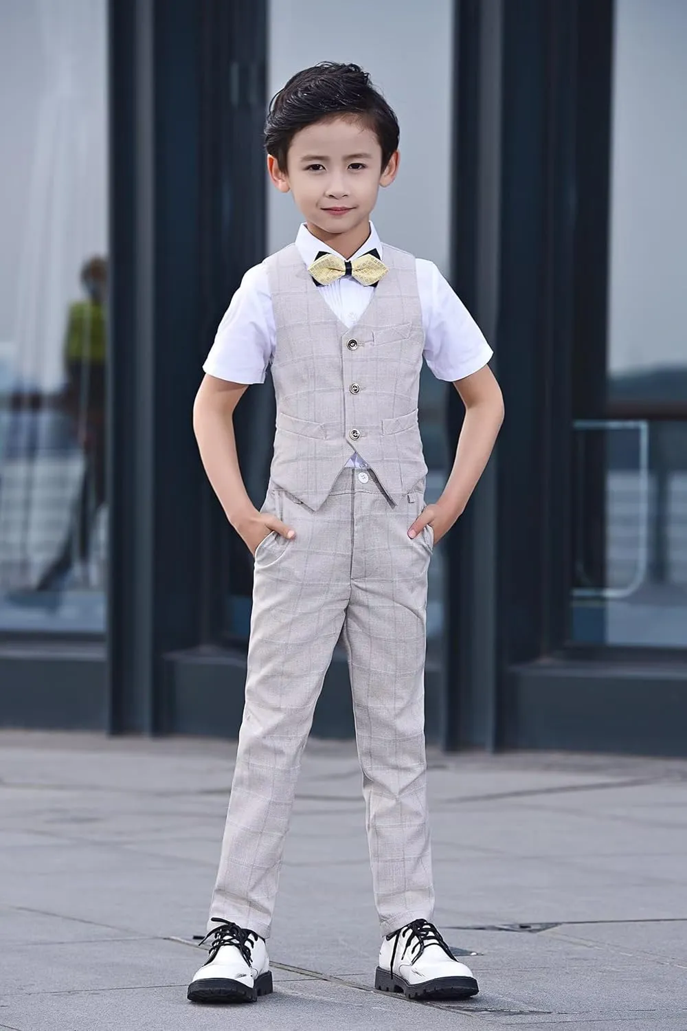 Boys Suit Plaid Stripes Suits for Boys 4 Piece Formal Wedding Outfit Slim Fit Suit Vest Pants Shirt Set with Bow Tie