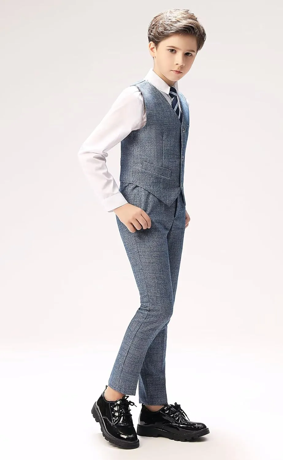 Boys Suit Plaid Stripes Suits for Boys 4 Piece Formal Wedding Outfit Slim Fit Suit Vest Pants Shirt Set with Bow Tie
