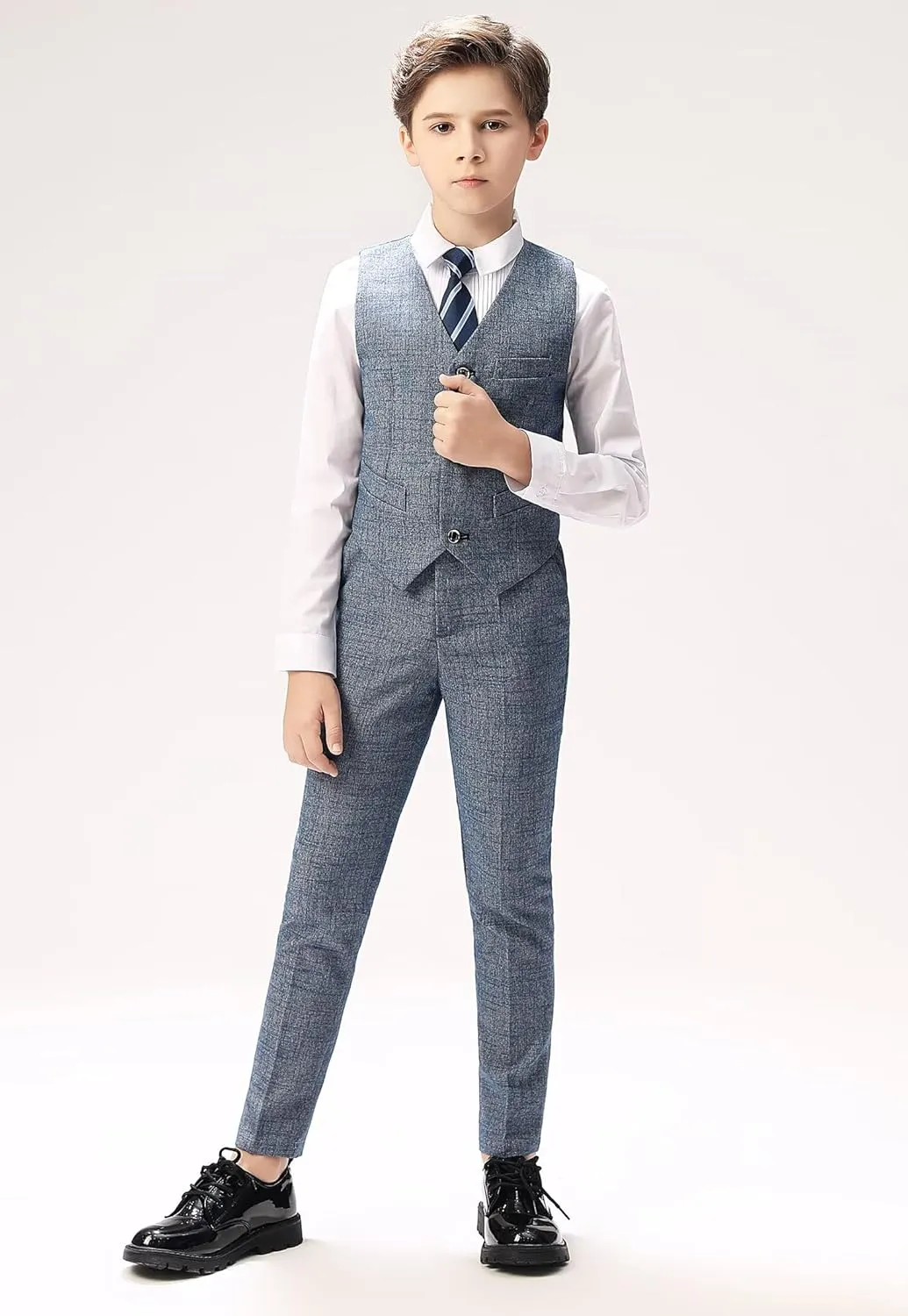 Boys Suit Plaid Stripes Suits for Boys 4 Piece Formal Wedding Outfit Slim Fit Suit Vest Pants Shirt Set with Bow Tie