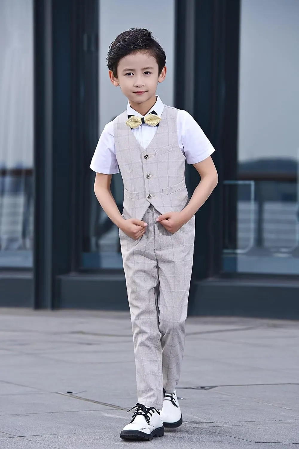 Boys Suit Plaid Stripes Suits for Boys 4 Piece Formal Wedding Outfit Slim Fit Suit Vest Pants Shirt Set with Bow Tie