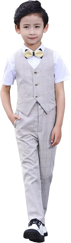 Boys Suit Plaid Stripes Suits for Boys 4 Piece Formal Wedding Outfit Slim Fit Suit Vest Pants Shirt Set with Bow Tie