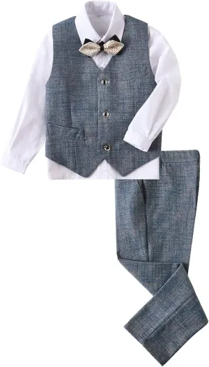 Boys Suit Plaid Stripes Suits for Boys 4 Piece Formal Wedding Outfit Slim Fit Suit Vest Pants Shirt Set with Bow Tie