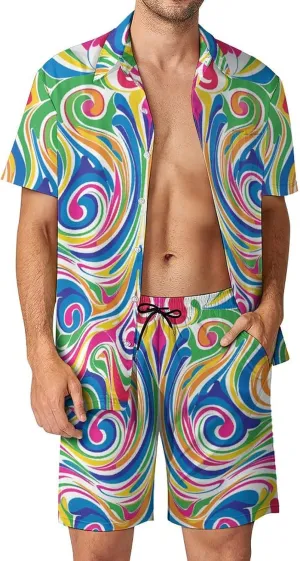 Bright Swirling Pattern Mens Swimsuit 2 Pieces Set Quick Dry Shorts Shirts Summer Button Down Short Sleeve Set