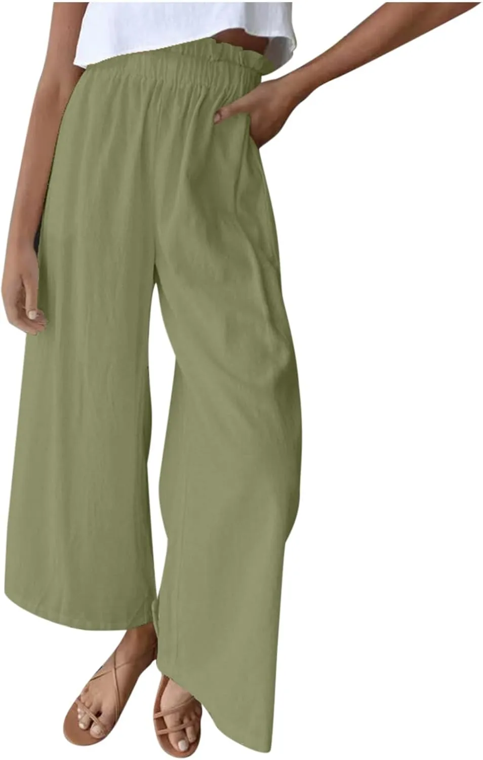 BZGTZT Linen Pants for Women Wide Leg Casual Summer Elastic High Waisted Palazzo Pant Baggy Flowy Beach Trousers with Pocket