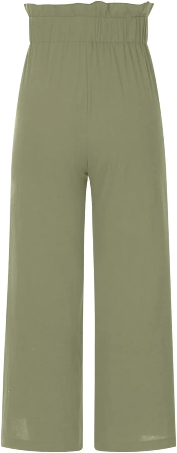 BZGTZT Linen Pants for Women Wide Leg Casual Summer Elastic High Waisted Palazzo Pant Baggy Flowy Beach Trousers with Pocket
