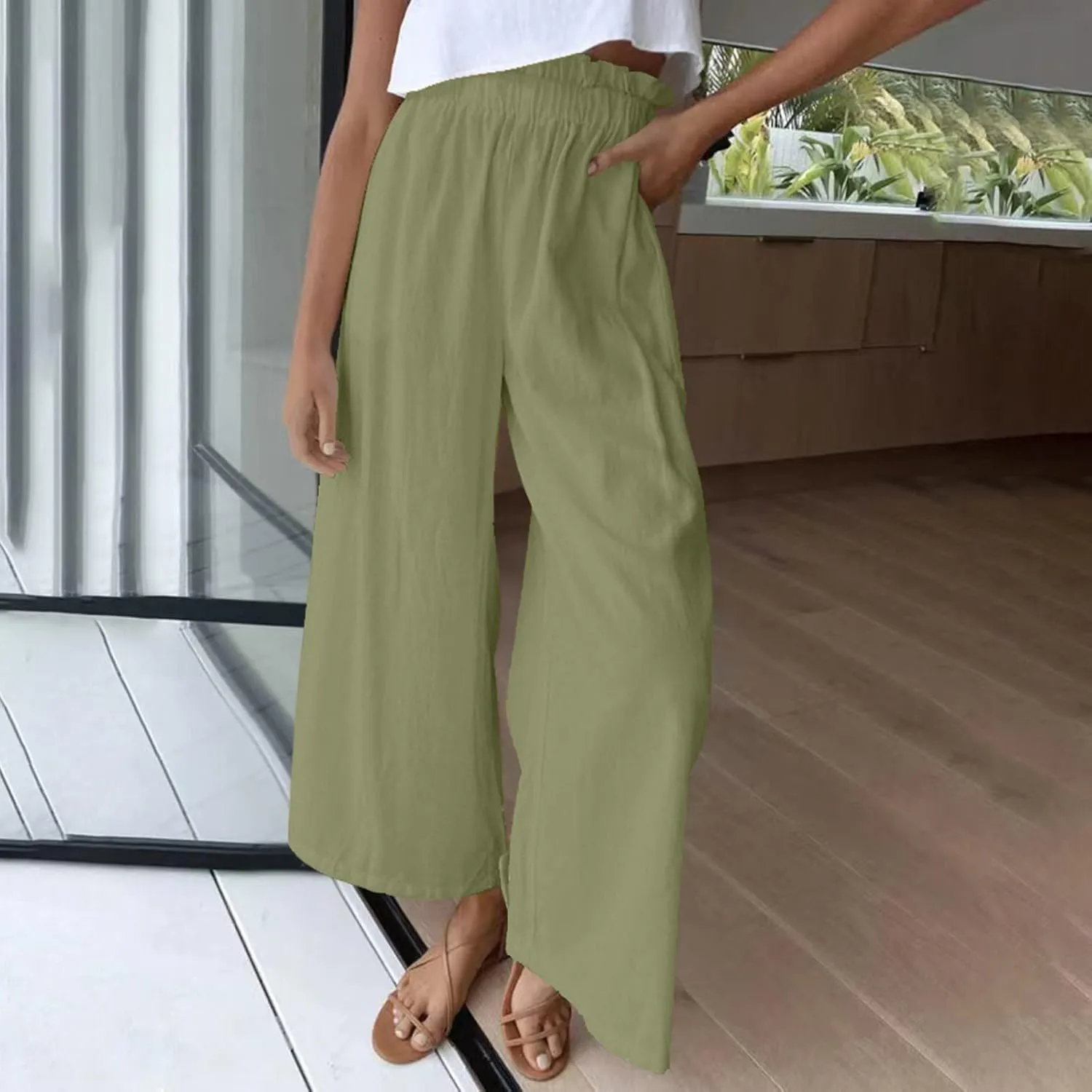 BZGTZT Linen Pants for Women Wide Leg Casual Summer Elastic High Waisted Palazzo Pant Baggy Flowy Beach Trousers with Pocket