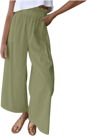 BZGTZT Linen Pants for Women Wide Leg Casual Summer Elastic High Waisted Palazzo Pant Baggy Flowy Beach Trousers with Pocket
