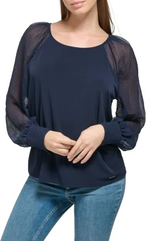 Calvin Klein Women's Everyday Matte Jersey Text Sleeve Button Cuff Blouse