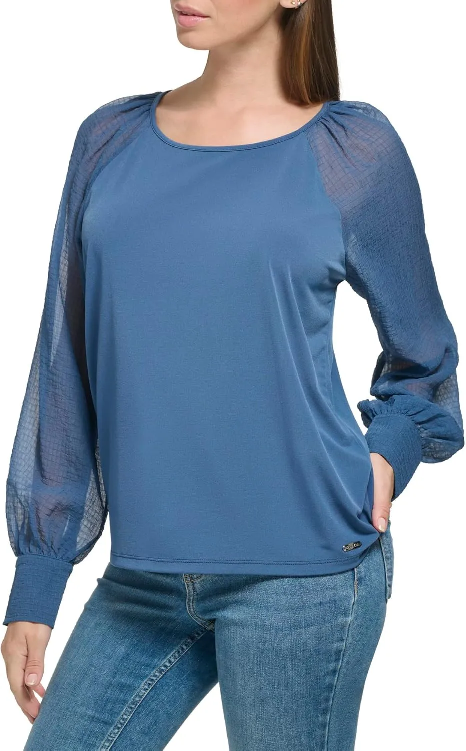 Calvin Klein Women's Everyday Matte Jersey Text Sleeve Button Cuff Blouse