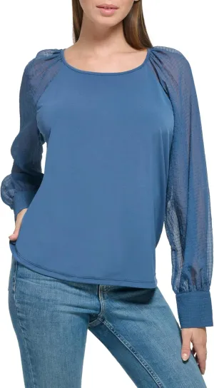 Calvin Klein Women's Everyday Matte Jersey Text Sleeve Button Cuff Blouse