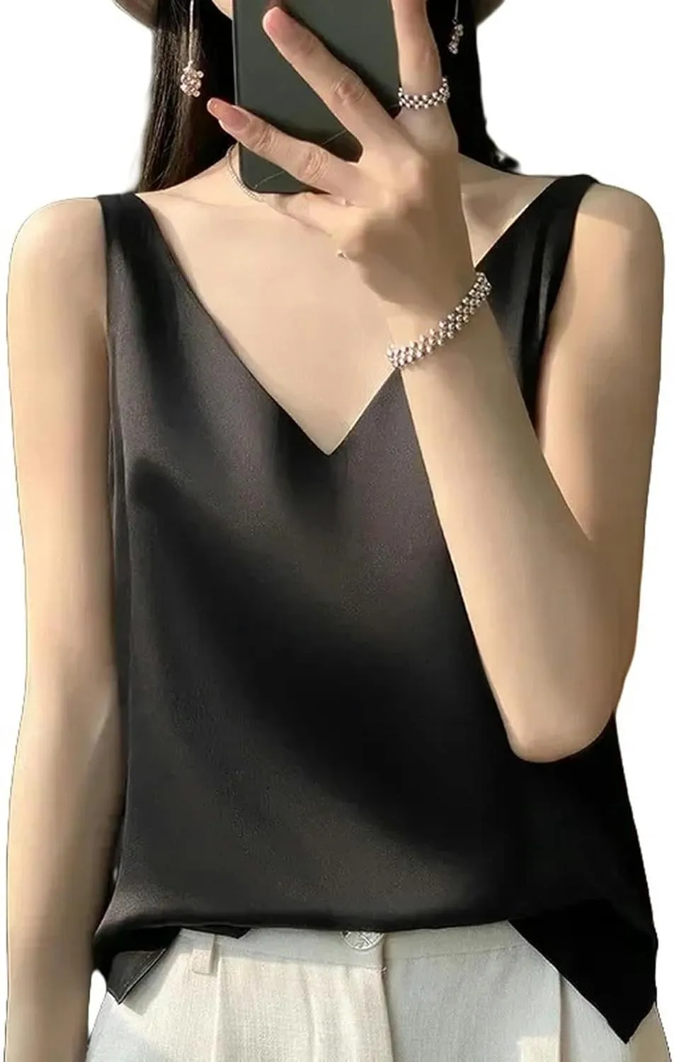 Camisole Ice Silk Camisole Women's V-Neck Tops White Satin Camis Mulberry Summer Ladies' Crop Top Women Solid Blouse Vest