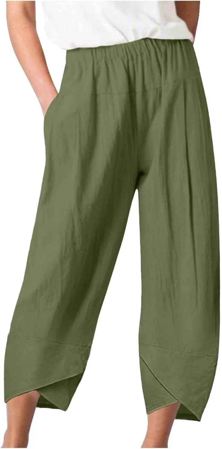 Capri Pants for Women Cotton Linen High Elastic Waist Trousers 2024 Summer Casual Fashion Capri Trousers with Pocket