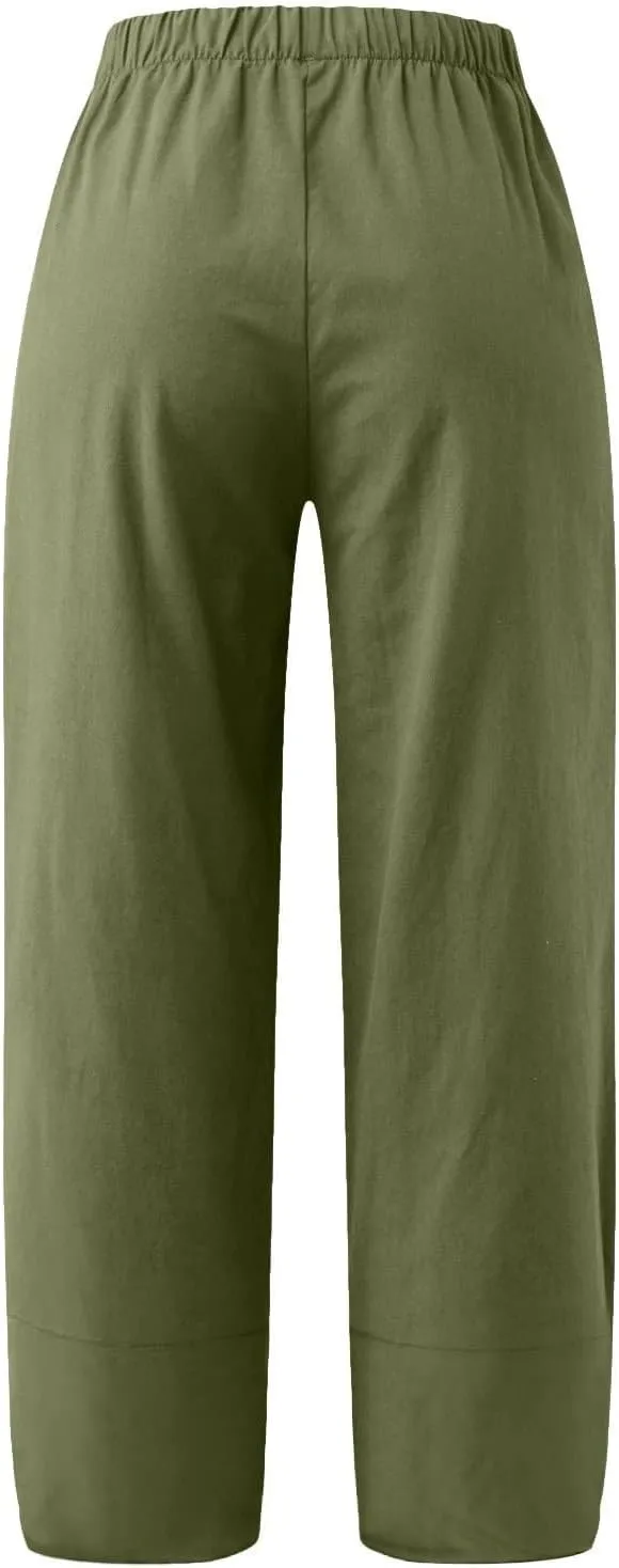 Capri Pants for Women Cotton Linen High Elastic Waist Trousers 2024 Summer Casual Fashion Capri Trousers with Pocket