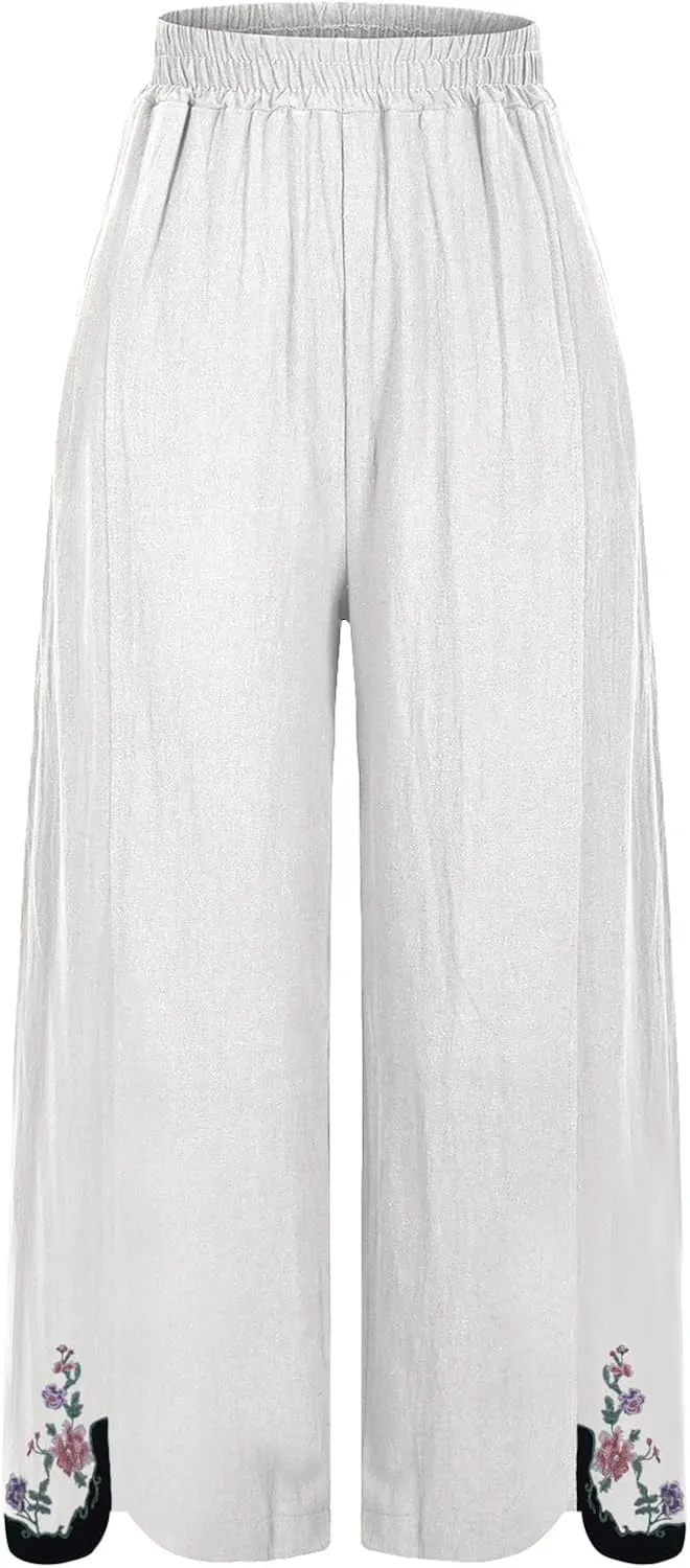 Casual Dress Pants for Women Loose High Waisted Cotton Linen Pants Summer Vacation Loose Slacks Comfy Long Trousers