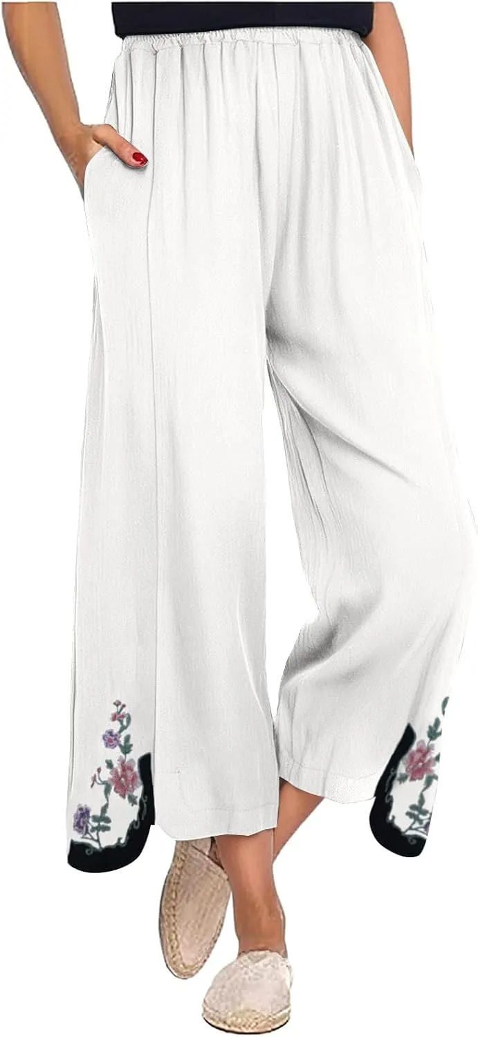 Casual Dress Pants for Women Loose High Waisted Cotton Linen Pants Summer Vacation Loose Slacks Comfy Long Trousers