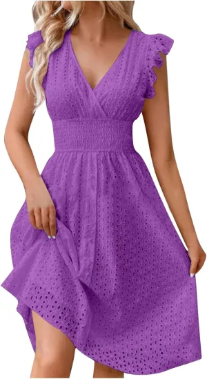 Casual Summer Dresses for Women Eyelet Ruffle Cap Sleeve Mini Dress Vneck Smocked Waist A Line Beach Vacation Dresses
